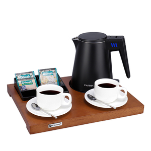  Tray Electric Kettle 0.6L da hospitalidade do hotel Dark Brown Beech Wood Tray And Black Sachet Tray